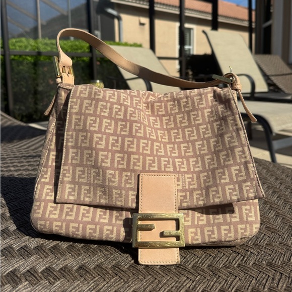 Fendi Handbags - Fendi Zucca Mama Baguette Pink Canvas Shoulder Bag FF Logo Authentic Vintage